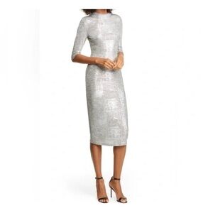 Alice + Olivia Delora Fitted Mock Neck Silver Midi Dress Size 10